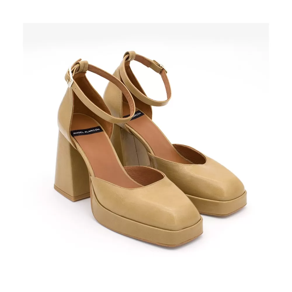Mujer Ángel Alarcón Anna - Zapatos De Piel Brillante Con Pulsera, Tacon Ancho Y Plataforma