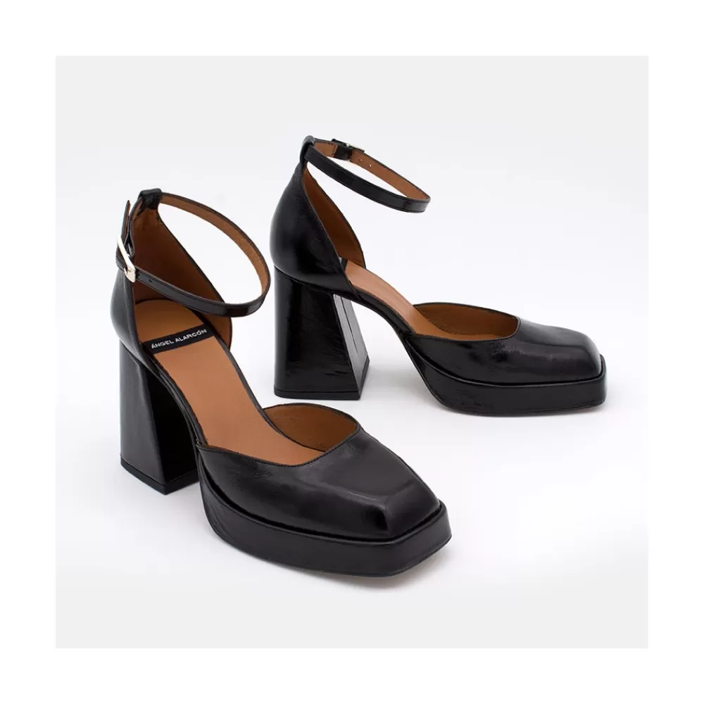 Mujer Ángel Alarcón Anna - Zapatos De Piel Brillante Con Pulsera, Tacon Ancho Y Plataforma