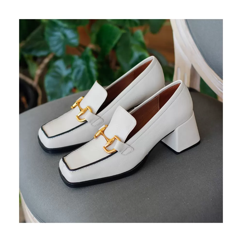 Mujer Ángel Alarcón Kiski - Mocasin De Piel Con Tacon Ancho Y Adorno Metalico