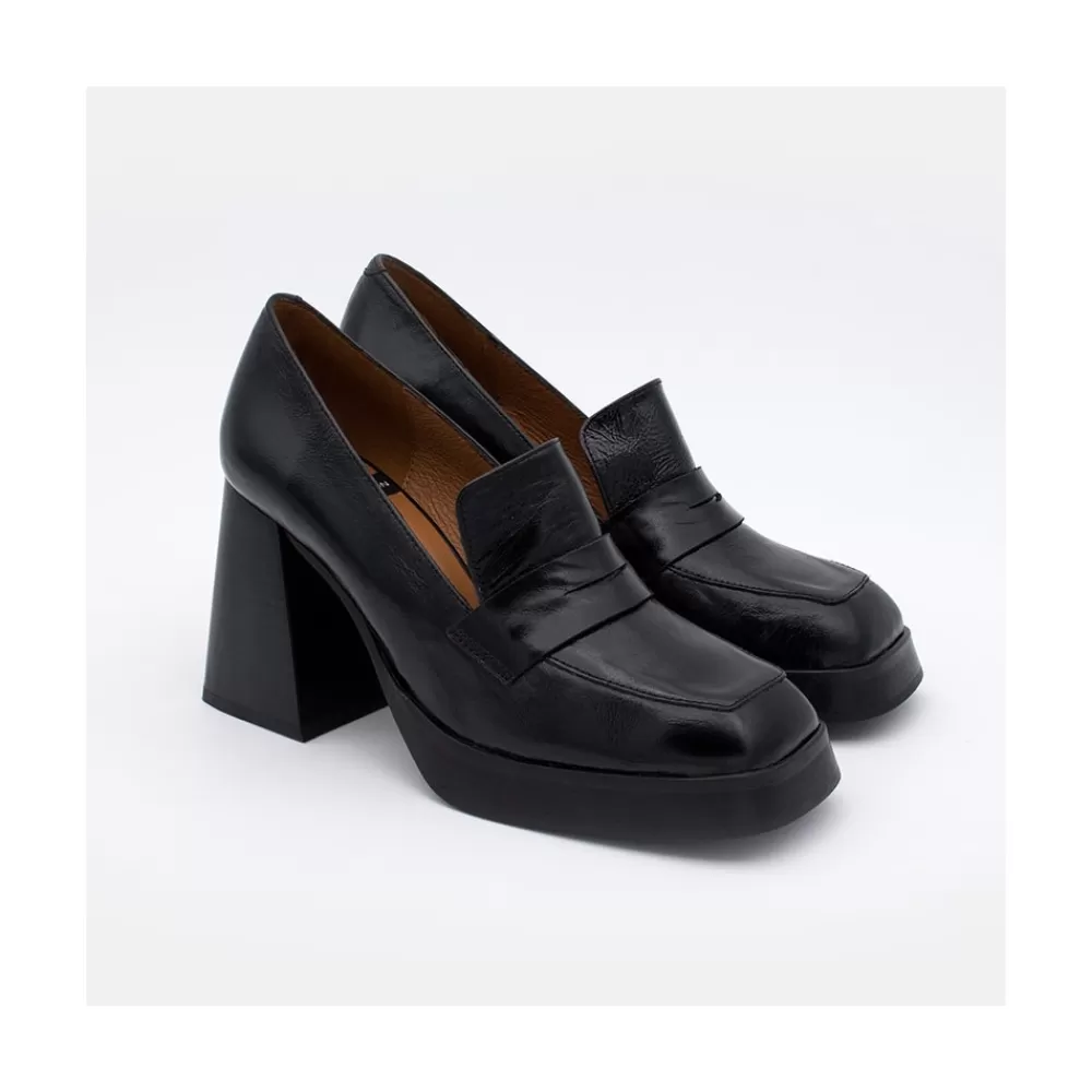 Mujer Ángel Alarcón Tular - Mocasines De Mujer De Piel Brillante Con Tacon Alto Y Plataforma Negros